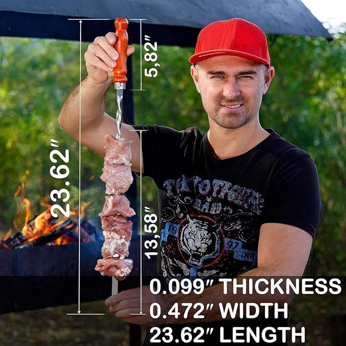 Premium BBQ Skewers with Wooden Handles 23.6" Shish Kabob Skewers Stainless Steel Long & Reusable Kabob Sticks Barbecue Skewers for Grilling Set of 10 Piece (10, 23.6 Inches)