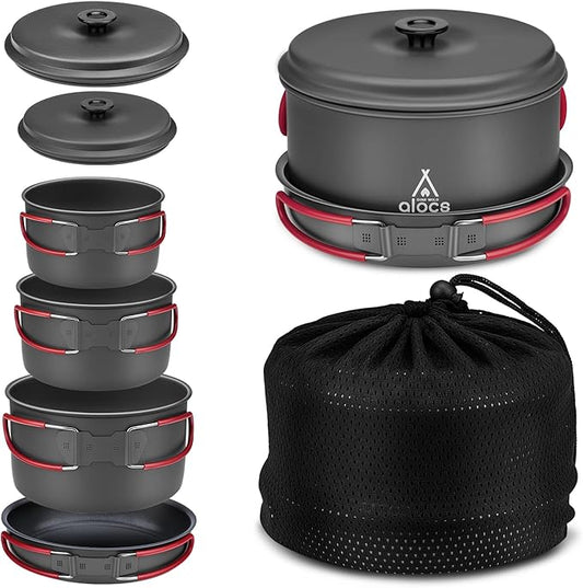 Alocs Camping Cookware Set Camping Gear, Compact Camping Pots and Pans Set, Durable Hard Alumina Camping Cooking Set for Outdoor Backpacking Camping Hiking Picnic, Included Mesh Carry Bag