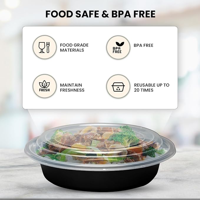 Klex 48 Oz, 50 Sets Meal Prep Containers with Airtight Lids, BPA Free, Reusable Plastic Food Container, 48 oz, Round, Black/Clear, 50 Sets