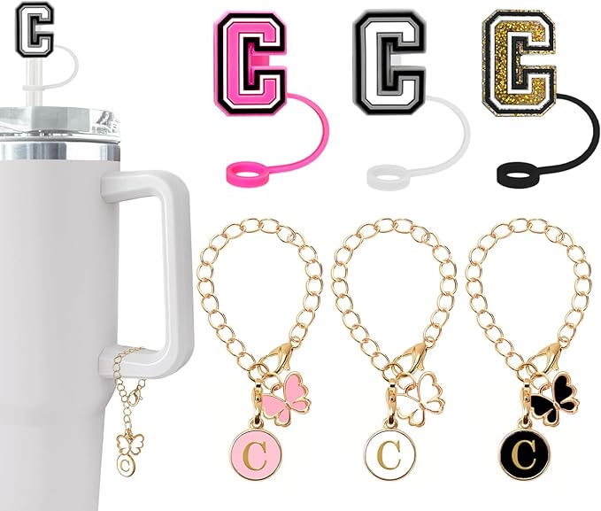 （3 +3) Nuozme Straw Cover Compatible with Stanley Tumbler Cup 3PCS Letter Straw Caps Toppers with 3 Initial Butterfly Charms Name ID For Stanley 30&40 Oz Cup