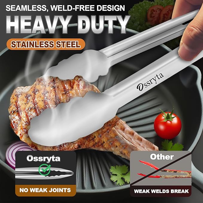 Stainless Steel Cooking Tongs Set of 3 - Heavy Duty 12/9/7 Inch Locking Tongs, Heat Resistant to 600 Degrees, Food Grade Kitchen Metal Tong for Food, Salad, & BBQ - Dishwasher Safe