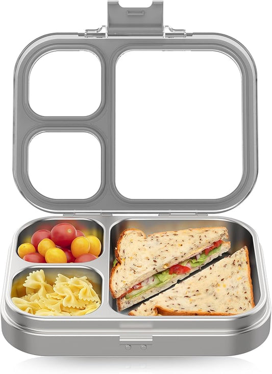 Stainless Steel Lunch Box, 3 Compartments Metal Bento Box for Kids Adults, Leak-Proof Lunch Box for School Office, Dishwasher Safe, BPA-Free, Tritan Lid, Grey