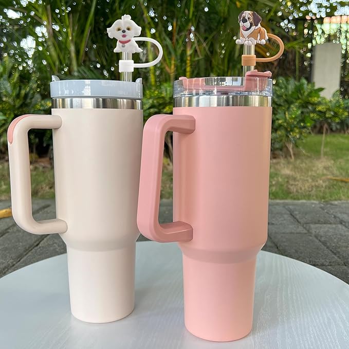 Velaco (5+2) 5PCS 0.4in/10mm Diameter Silicone Straw Covers Compatible with Stanley 20 30&40 Oz Cup and 2 PCS Dog Charm Accessories with Chains for Stanley 20 30 40 oz Tumbler with Handle