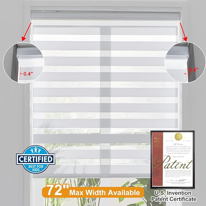 Persilux Cordless Zebra Blinds for Windows Free-Stop Roller Windows Shades (31" W X 47" H, White) Dual Layer Light Control for Day and Night, Light Filtering Sheer Shades for Home, Easy to Install