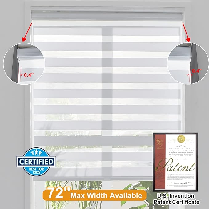 Persilux Cordless Zebra Blinds for Indoor Windows, Free-Stop Zebra Blinds Cordless, Light Filtering Sheer Shades Dual Layer for Day and Night, Zebra Roller Shades for Home (36.5" W X 64" H, White)