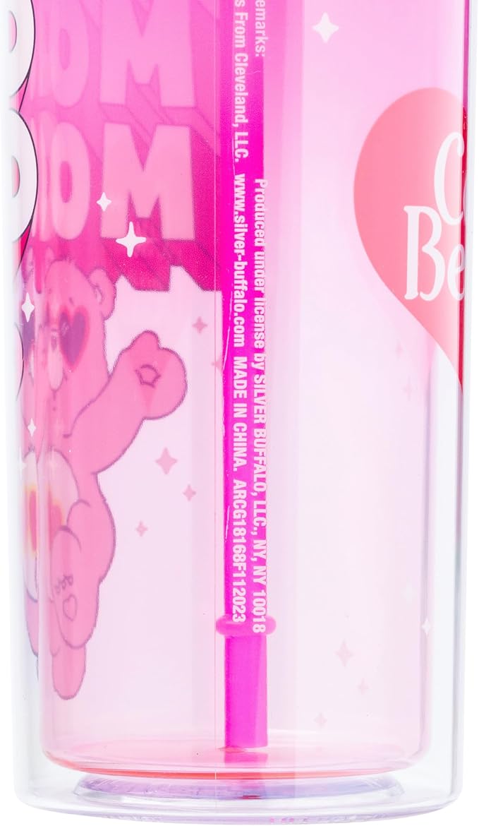 Silver Buffalo Care Bears Mood Plastic Tall Cold Cup with Lid and Straw Featuring Love-A-Lot Bear, 20 Ounces