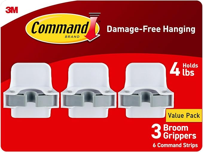 Command Broom and Mop Grippers, 3 Hangers and 6 Command Strips, Damage-Free Hanging Wall Mount Broom and Mop Holder, Household Cleaning Organizer for Christmas Decorations, Holds up to 4 lb