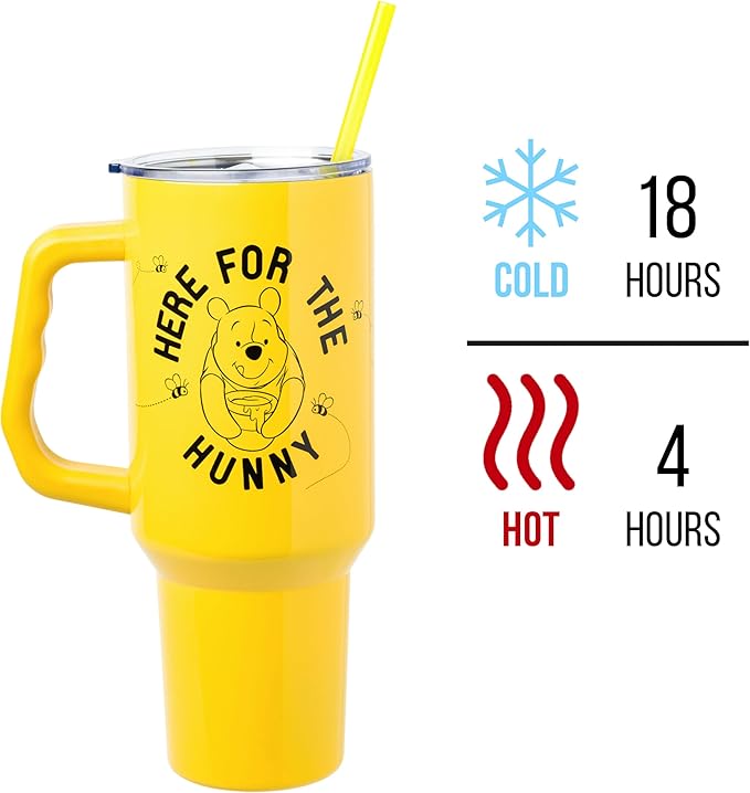 Silver Buffalo Disney Winnie the Pooh Here for the Hunny Stainless Steel Tumbler with Handle and Straw, Fits in Standard Cup Holder, 40 Ounces