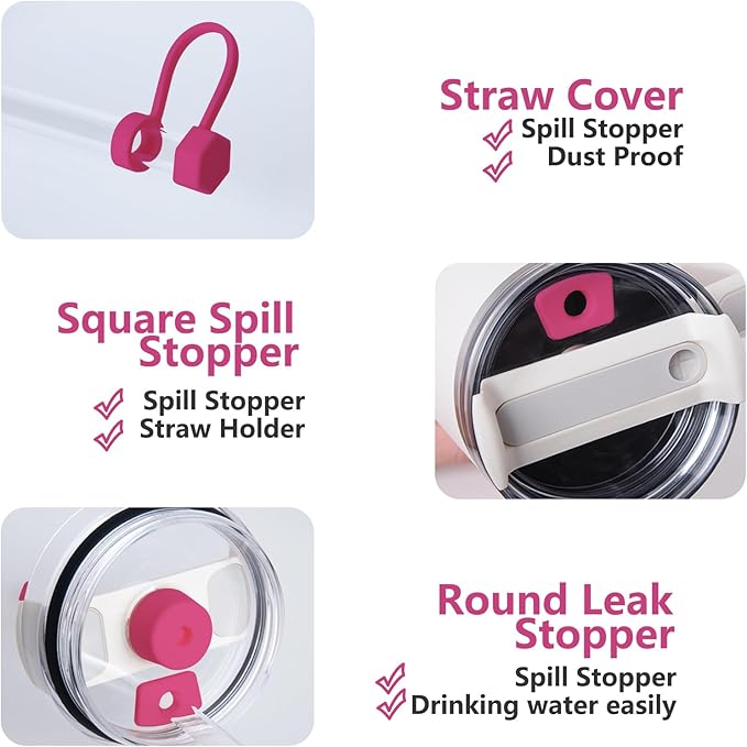 Silicone Spill Stopper Set Compatible with Stanley Cup 2.0 30oz & 40oz with Straw Cover (Set of 2, Rosy)