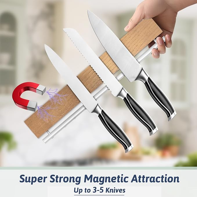 12 Inch Magnetic Knife Holder for Wall Wooden Magnet Knife Strip No Drill with 5 Hooks/Adhesive Tape/Screws, Kitchen Utensil Holder, Magnetic Knife Organizer, Wall Mounted Knife Storage