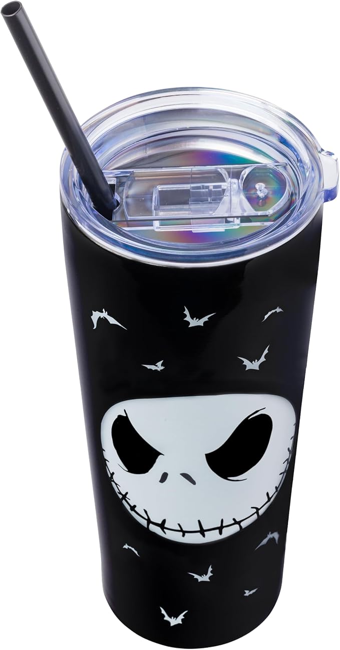 Silver Buffalo Disney Tim Burton's Nightmare Before Christmas Jack Skellington “Seriously Spooky” Double Walled Stainless Steel Tumbler With Straw, 22 Ounces