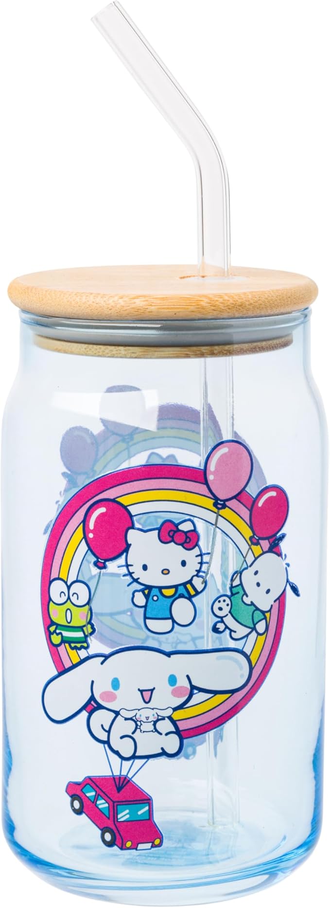 Silver Buffalo Sanrio Hello Kitty & Friends Floating Car Balloons Featuring Cinnamoroll, Pochacco, and Keroppi Glass Jar Tumbler with Bamboo Lid and Glass Straw, 16 Ounces (Pack of 12)