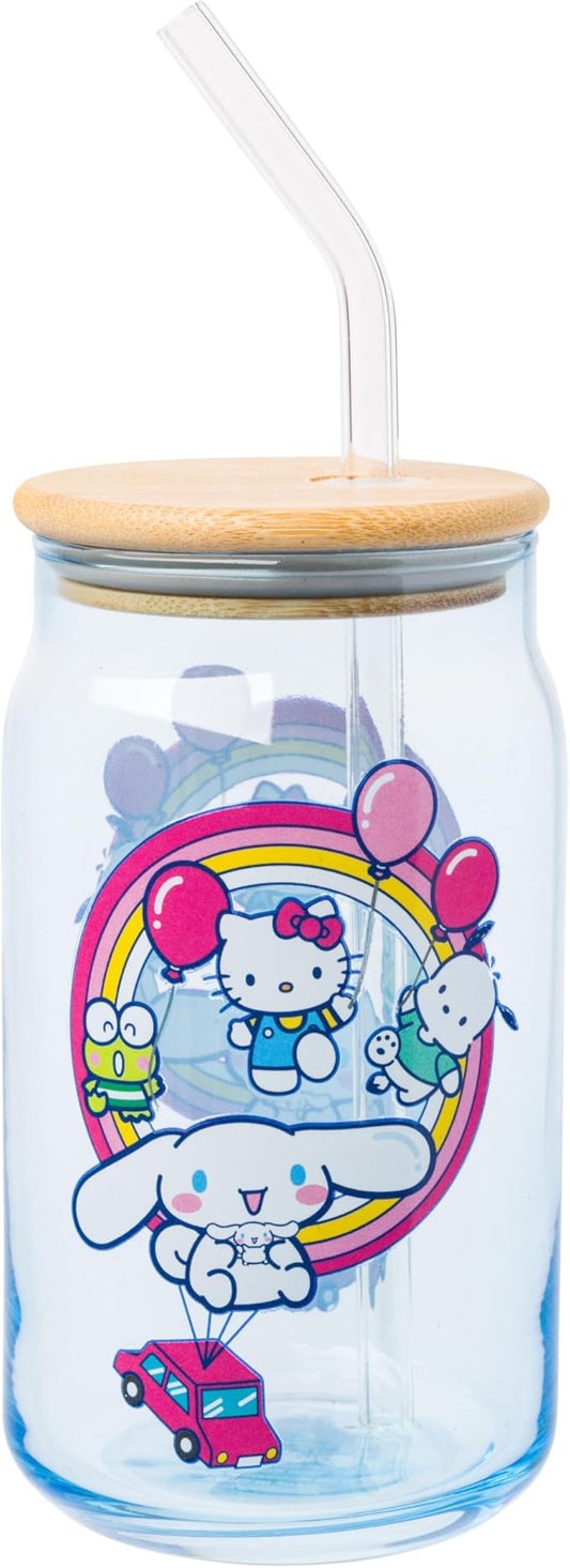 Silver Buffalo Sanrio Hello Kitty & Friends Floating Car Balloons Featuring Cinnamoroll, Pochacco, and Keroppi Glass Jar Tumbler with Bamboo Lid and Glass Straw, 16 Ounces (Pack of 12)