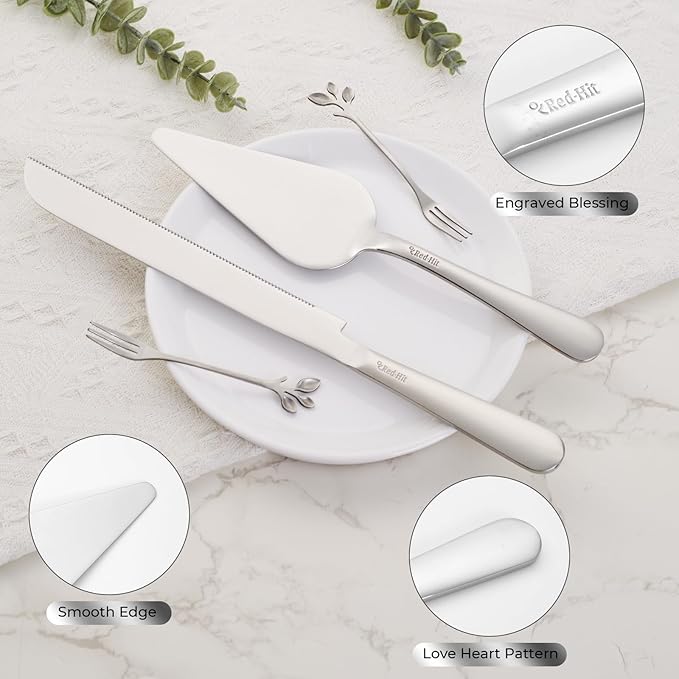 Wedding Cake Cutting Set, Elegant Wedding Cake Knife and Server Set with Thick Stainless Steel Wide Handle, Cake Cutting Set for Wedding Anniversary Christmas, Cake Cutter, 2 Cute Forks and Bows