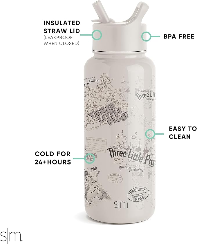Simple Modern Disney Three Little PigsWater Bottle with Straw Lid Vacuum Insulated Stainless Steel Metal Thermos | Gifts for Women Men Reusable Leak Proof Flask | Summit Collection | 32oz