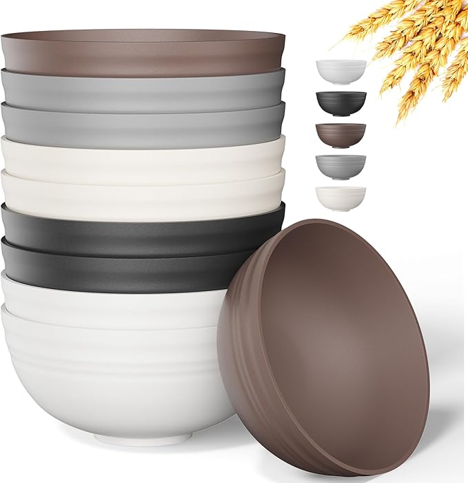 Quatish 10 PCS Unbreakable Cereal Bowls,Dishwasher & Microwave Safe Wheat Straw Bowls, Easy-to-Clean Lightweight Snack & Soup Bowl,Multi-Color Portable for Picnics Plastic Bowls Set, Brown