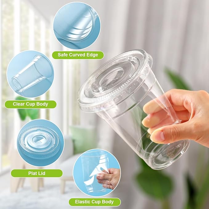 TashiBox TahiBox Plastic cups with lids and straws 16 oz 100sets [100 cups & 100 flat lids & 100 straws],clear crystal disposable iced coffee cups with lids