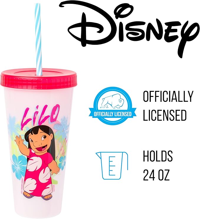 Silver Buffalo Disney Lilo and Stitch Tropical Character Poses 4 Pack Color Changing Plastic Tumbler with Lid and Reusable Straw, 24 Ounce