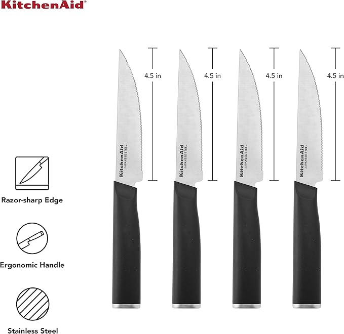 KitchenAid Classic 4 Piece Steak Knife Set, 4.5-Inch, High-Carbon Japanese Stee Blades, Sharp Kitchen Knife Set, Black