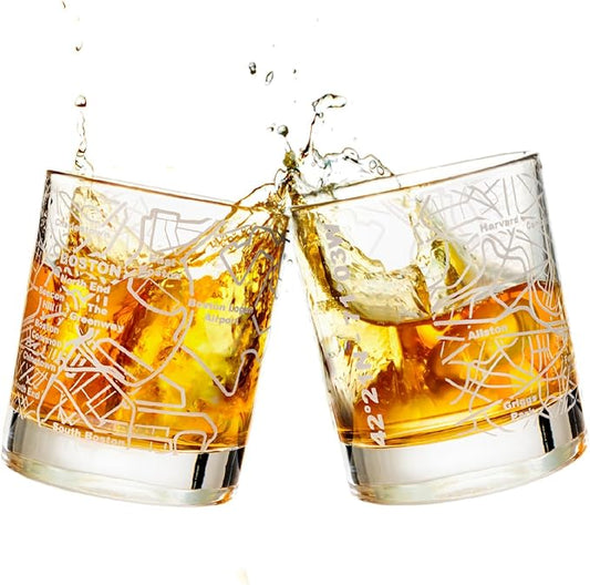 Greenline Goods Whiskey Glasses - 10 Oz Tumbler Gift Set for Boston lovers, Etched with Boston Map | Old Fashioned Rocks Glass - Set of 2