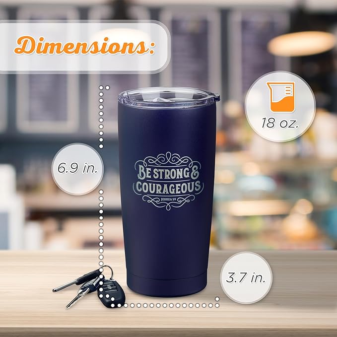 Christian Art Gifts Large Insulated Stainless Steel Travel Mug Tumbler for Men & Women: Strong & Courageous Uplifting Scripture, Double Wall Vacuum Sealed, Retractable Lid, Navy Blue & Silver, 18 oz.