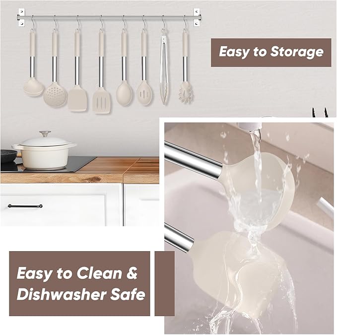 TeamFar Kitchen Utensils Set of 8, Silicone Utensils Kitchen Tools Set with Stainless Steel Handle, for Frying Serving Flipping Draining, Non-toxic & Heatproof, Nonstick & Dishwasher Safe - Khaki