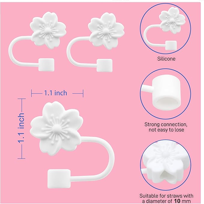 Flower Silicone Straw Cover Cap for Stanley Cup,Straw Topper 10mm 0.4in Dust-Proof Reusable Straw Tips Lids,Straw Tip Covers Gift for Party Decor (White Cherry blossom 4pcs)