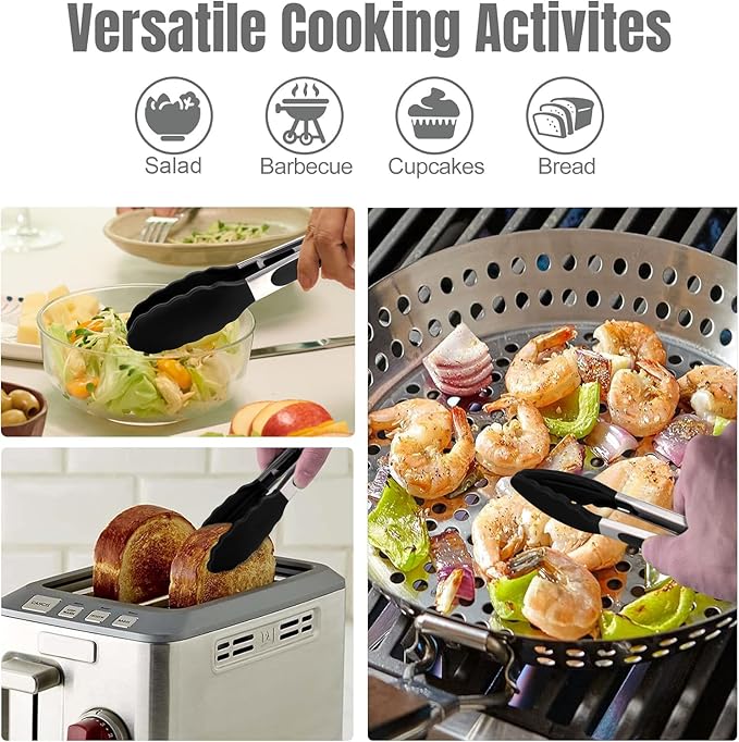 HOTEC Premium 7 & 9 Inch Kitchen Tongs, Stainless Steel Locking Cooking Tongs with Silicone Tips, Non-Scratch & Heat Resistant, Serving Tongs for Salad, BBQ, Black, Set of 2