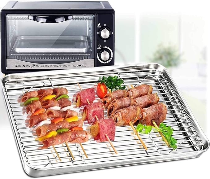 TeamFar Toaster Oven Pan Tray with Cooling Rack, Stainless Steel Toaster Ovenware Pan, Compact 8''x10.5''x1'', Healthy & Non Toxic, Rust Free & Easy Clean - Dishwasher Safe