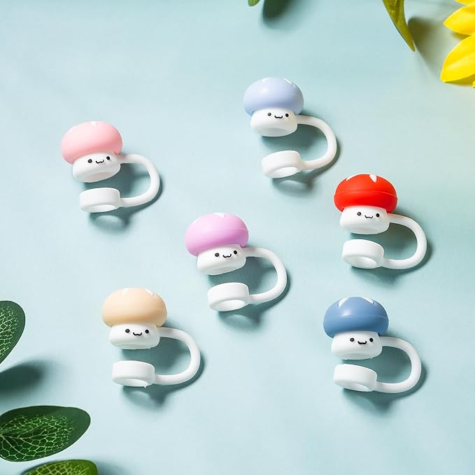 6Pcs Cute Mushroom Straw Cover Cap for Stanley Cup Decor, 10mm Reusable Cute Pink Drinking Straw Topper Accessories for, Portable Protector Plugs Decorations Gifts for Kids Party Favors