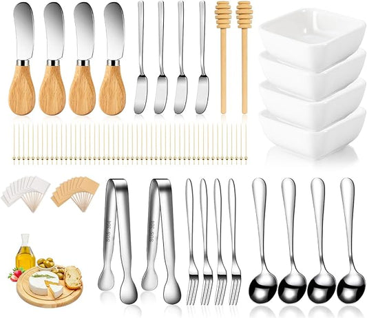 Charcuterie Board Accessories With 3 Oz Ceramic Dip Bowls, Wooden Handle Silver Cheese Spreader Butter Knive Set Kit, Mini Tongs, Spoons, Forks,Honey Dipper, Cocktail Picks