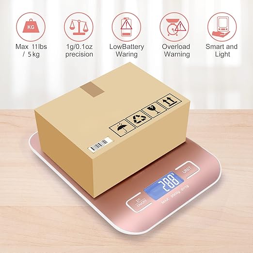 Digital Shipping Scale,Stainless Steel Panel, Accurate 5kg/1g Portable Postal Scale for Packages, Small Business,Kitchen, Food, Handmade, Liquids, and Boutique (Rose Gold)
