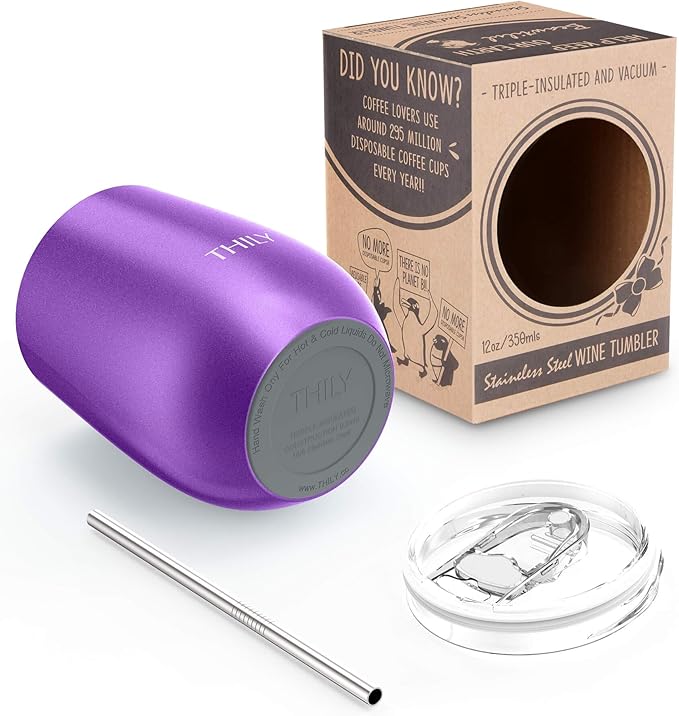 THILY Vacuum Insulated Stemless Wine Tumbler Triple-Insulated Stainless Steel Wine Glass with Lid, Reusable Straw, 12 oz, Wine, Coffee, Cocktails, Gifts Ideas for Women, Her, Girls, Purple