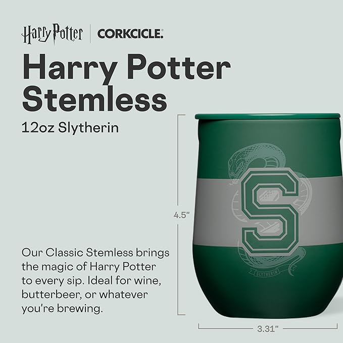 Corkcicle Stemless Insulated Wine Glass Tumbler - Keeps Beverages Cold 6 Hrs Hot 3 Hrs - Stainless Steel - Easy-Grip - Summer Drinkware Gift - Keeps Drinks Ice Cold - 12 oz - Slytherine