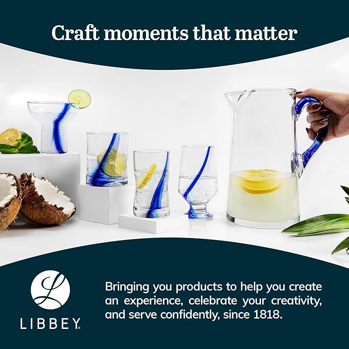 Libbey Blue Ribbon Goblet Glasses, Unique Blue Water Goblets Set of 8, Thick Stemmed Water Glasses for Sodas & Cocktails