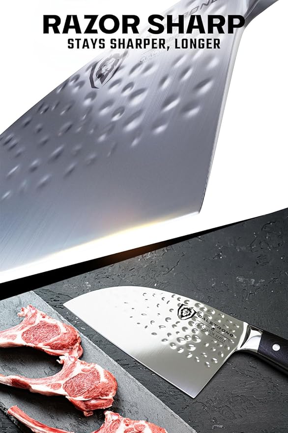 Dalstrong Serbian Chef Knife - 7.5 inch - Gladiator Series Elite - German HC Steel - Meat Cleaver Knife - Hammered Blade Finish - Razor Sharp Kitchen Knife - G10 Handle - w/Sheath - NSF Certified