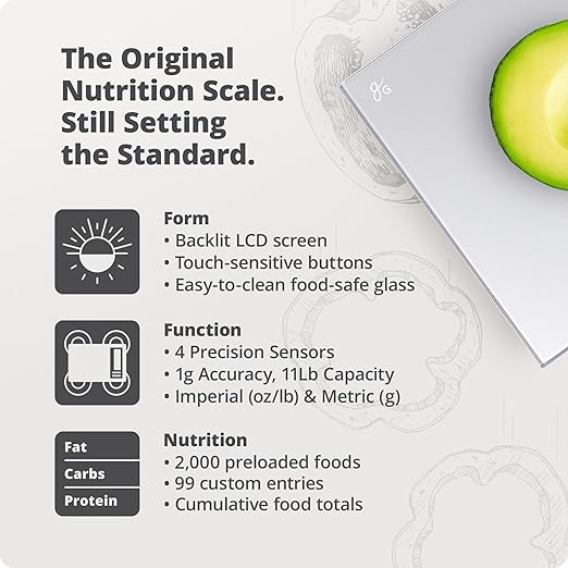 Greater Goods Digital Nutrition Scale – Accurate Macro and Calorie Tracking for Meal Prep, Weight Loss, and Healthy Eating | 2,000 Built-in Foods, Intuitive Nutrition Label Display, 11lb Cap, Silver
