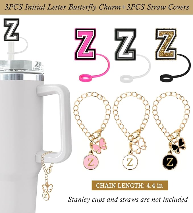 （3 +3) Nuozme Straw Cover Compatible with Stanley Tumbler Cup 3PCS Letter Straw Caps Toppers with 3 Initial Butterfly Charms Name ID For Stanley 30&40 Oz Cup