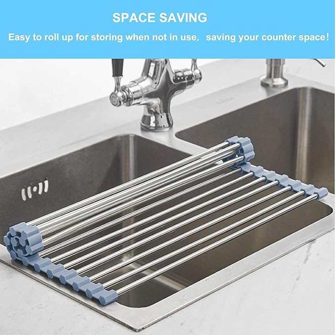 Roll Up Dish Drying Rack Over Sink Over The Sink Dish Drying Rack Kitchen Dish Drainer, Folding Dish Rack for Kitchen Sink Counter Stainless Steel Mat Foldable Dish Dryer Racks 17.5" x 13.7"