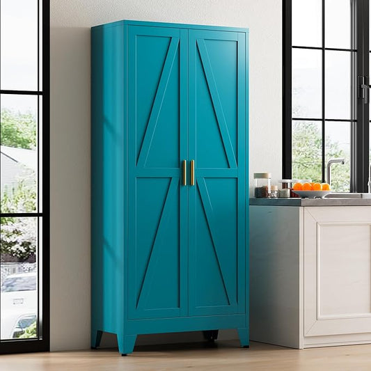71" Tall Metal Pantry Cabinet, Kitchen Storage Cabinet with 2 Doors and 4 Adjustable Shelves for Kitchen, Living Room, Dining Room, Bathroom and Home, Office (Blue, 71" H)