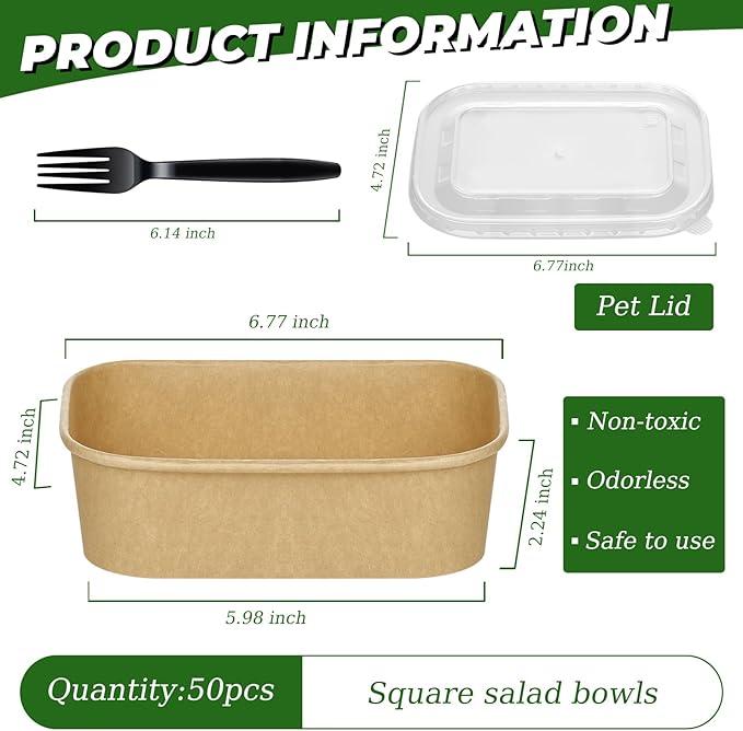 DI QIU REN 50-Pack 34oz Paper Bowls, Disposable Food Containers with Lids and Forks, Rectangular Food Prep Containers, To Go Containers, Salad Bowls Deli Container for Diet Salad, Pasta
