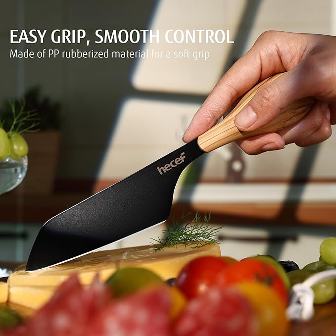 hecef Cheese Knife Set of 3, Includes Pronged, Hard Cheese & Chisel Knife, Matte Black Stainless Steel Knives with Wood Grain Handles, Cheese Tools for Charcuterie Boards, Entertaining