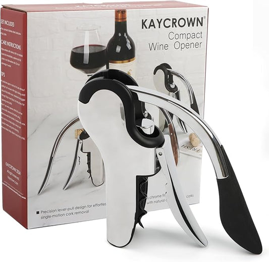 KAYCROWN Stainless Steel Wine Bottle Opener, Vertical Lever Corkscrew with Built-in Foil Cutter Design, Manual Handheld Corkscrew with Ergonomic Lever Pump