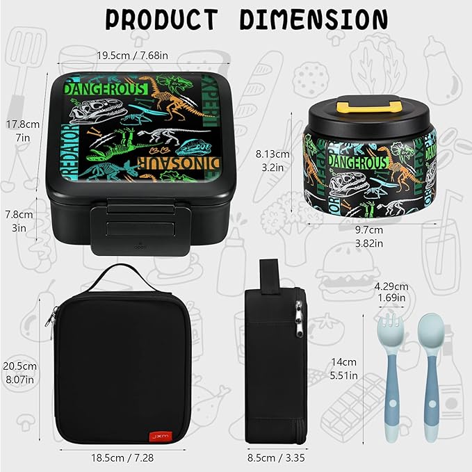 Bento Lunch Box for Kids With 8oz Soup thermo,Leak-proof Lunch Containers with 5 Compartment,thermo Food Jar and Lunch Bag, Food Containers for School (A-Black(Dinosaur Fossil))
