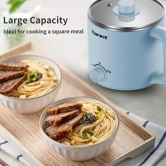 Topwit Hot Pot Electric, Electric Pot, 1.6L Ramen Cooker, Multifunctional Cooker for Pasta, Shabu-Shabu, Oatmeal, Soup and Egg with Over-Heating Protection, Boil Dry Protection, Blue