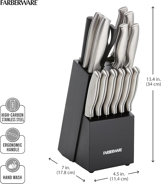 Farberware 15-Piece Stamped Stainless Steel Knife Block Set, High-Carbon Stainless Steel Kitchen Knife Set with Ergonomic Handles, Razor-Sharp Knives with Wood Block, 15-Piece, Black 2