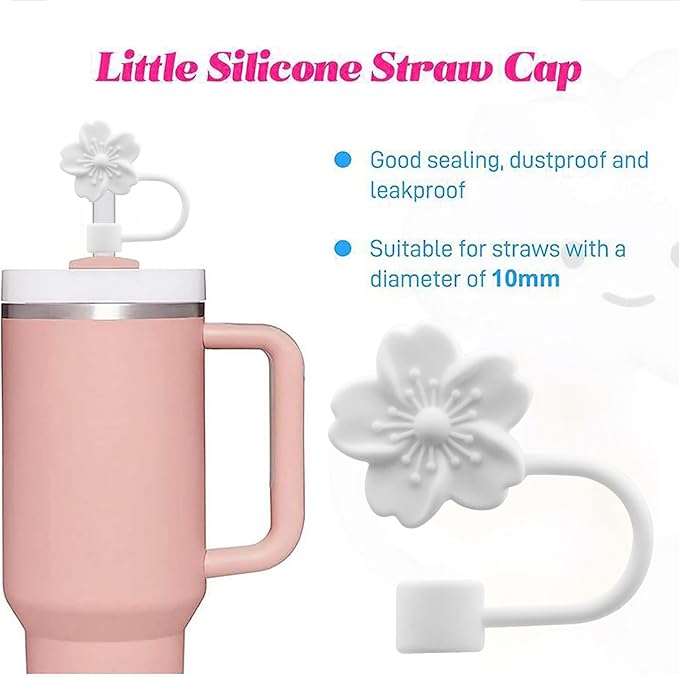 Flower Silicone Straw Cover Cap for Stanley Cup,Straw Topper 10mm 0.4in Dust-Proof Reusable Straw Tips Lids,Straw Tip Covers Gift for Party Decor (White Cherry blossom 4pcs)