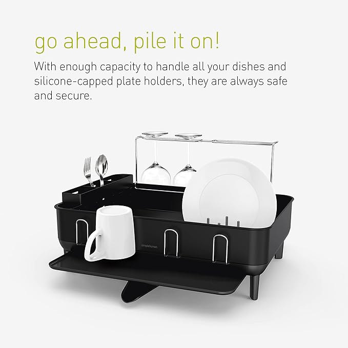 simplehuman Large Capacity Dish Drying Rack with Stainless Steel Frame, 360º Easy Drain Swivel Spout, Utensil & Wine Glass Holder, Anti-Residue Coating, Moisture Control Surface, Matte Black
