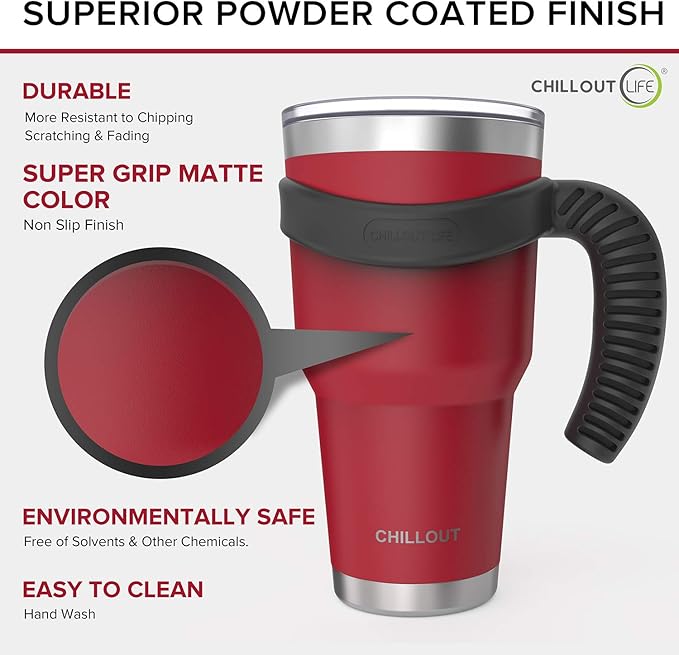 Stainless Steel Travel Mug with Handle 30 oz - 6 Piece Set. Tumbler with Handle, Straw, Cleaning Brush & 2 Lids. Double Wall Insulated Large Coffee Mug Bundle - Cherry Red Powder Coat Tumbler