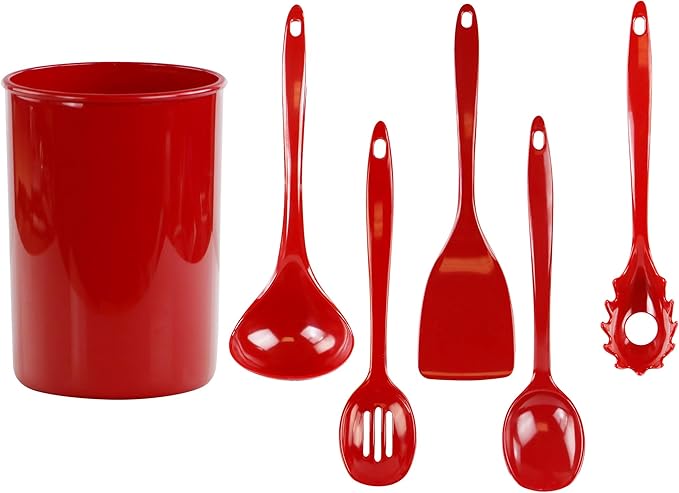 Reston Lloyd 6 Piece Kitchen Utensil Holder for Kitchen Counter, Utensils Crock with Heat Resistant Spoon, Slotted Spoon, Ladle, Spatula BPA Free, Red